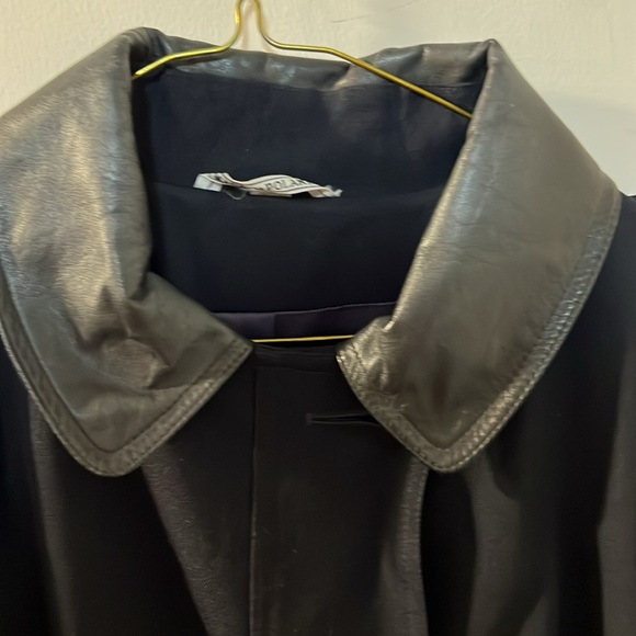 SOLD - Vintage 80s Wool & Leather Trench Coat Navy Blue Twill M - Picture 2 of 4